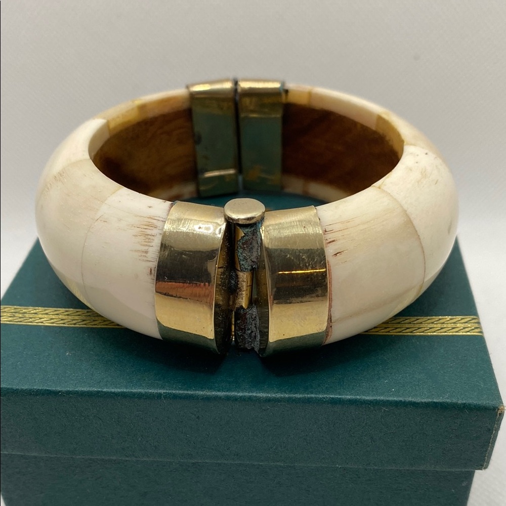 Vintage Ivory / Bone Bangle Bracelet with Wood Inlay